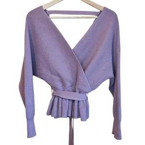 ZESICA Sweater Large Lavender Ribbed Knit Wrap Surplice Tie Waist Peplum